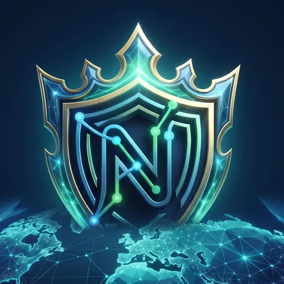 Escudo de NODRA: una N formada por nodos conectados, sobre un mapa del mundo