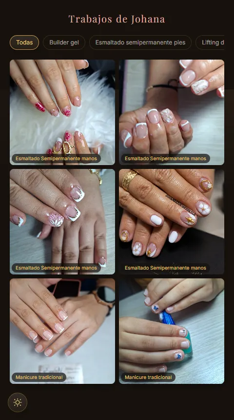Galería de trabajos de Johana, con filtros por servicio y fotos de uñas terminadas