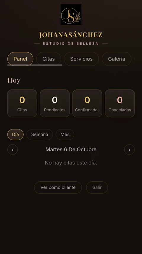 Panel de administración: resumen de citas del día y pestañas de citas, servicios y galería