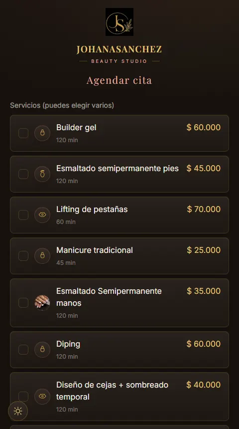 Pantalla para agendar: la clienta marca uno o varios servicios, cada uno con su duración y precio